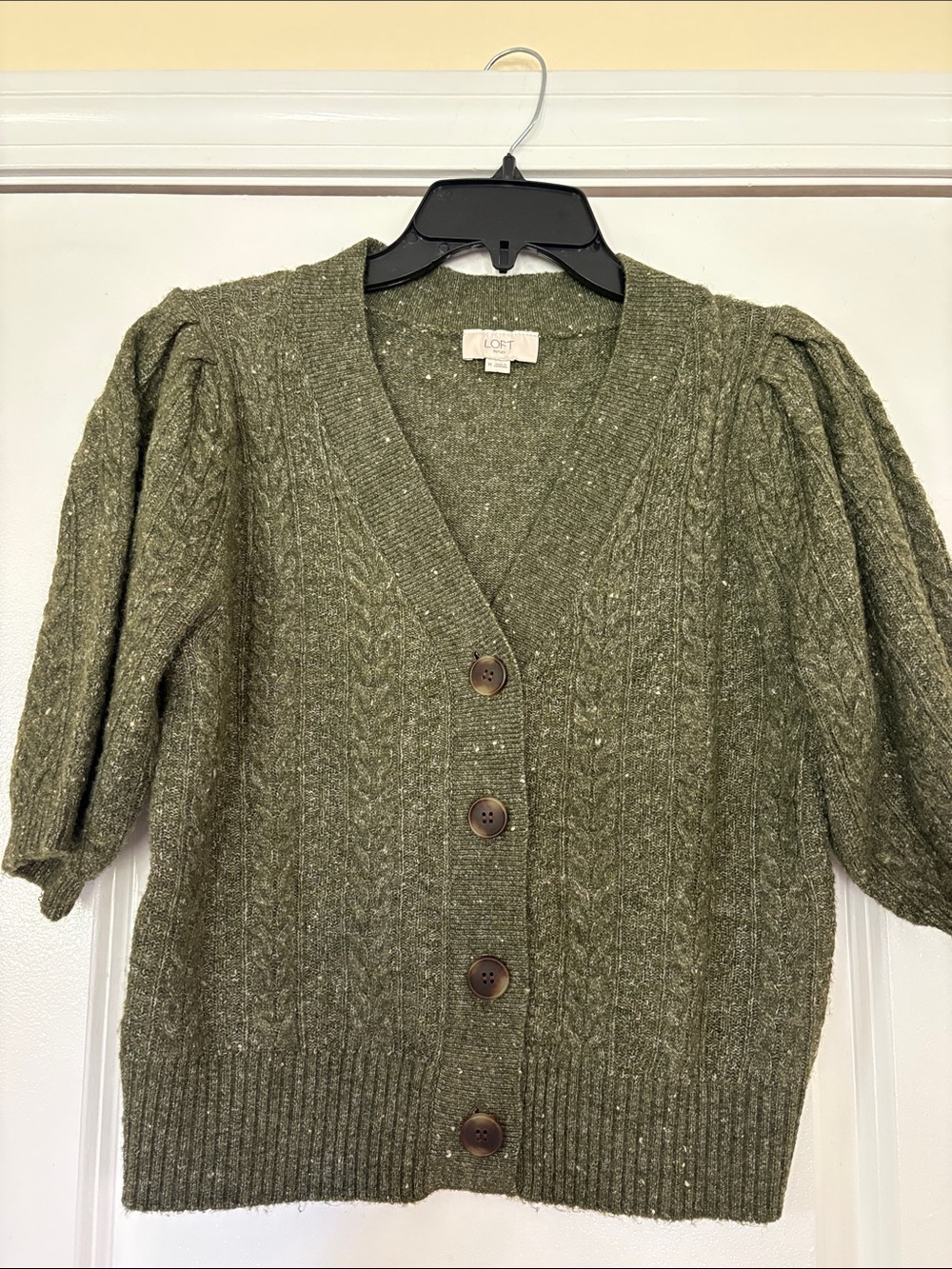 LOFT Olive Green Cable Knit Puff-Sleeve Button Cardigan
